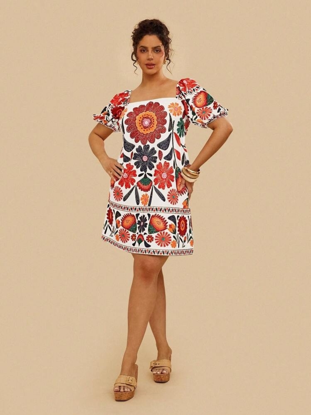 Ivory Square-Neck Floral Embroidered Mini Dress - Red & Orange Flowers